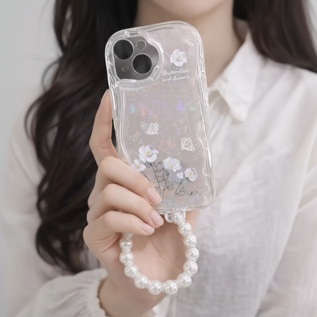 iPhone 15 Back Cover with Pearl Chain – Premium Silicone Case with Camera Protection