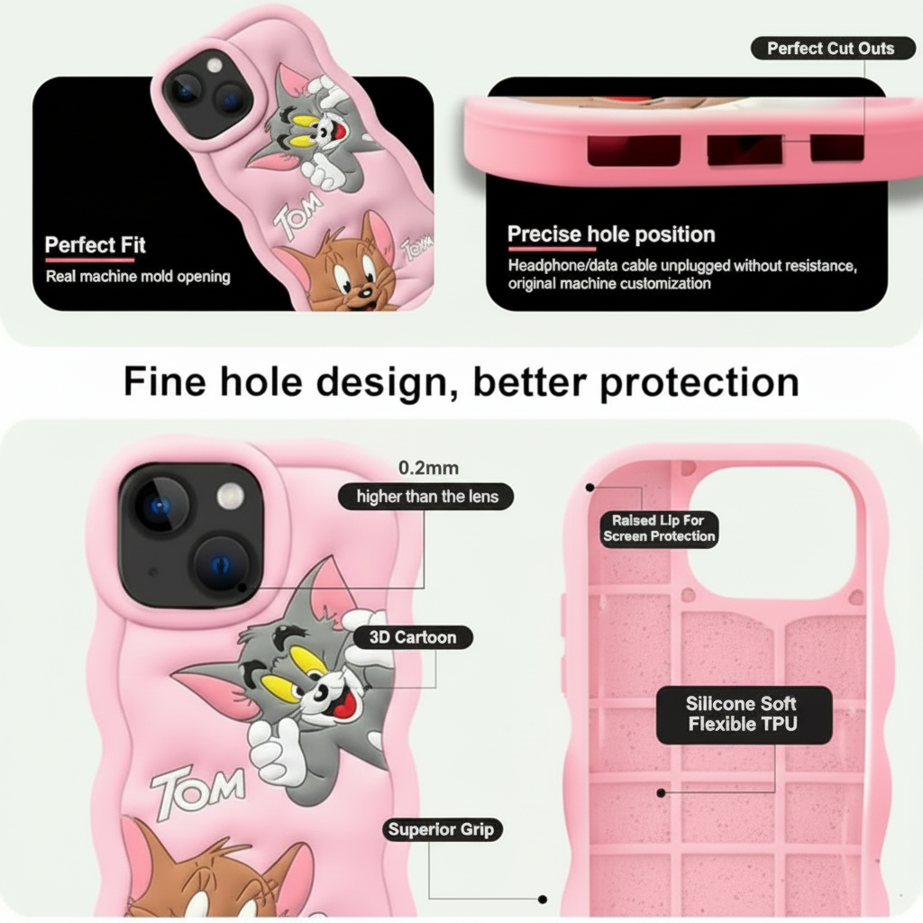 Cute Case Cover for iPhone 15 - 3D Tom & Jerry Cartoon