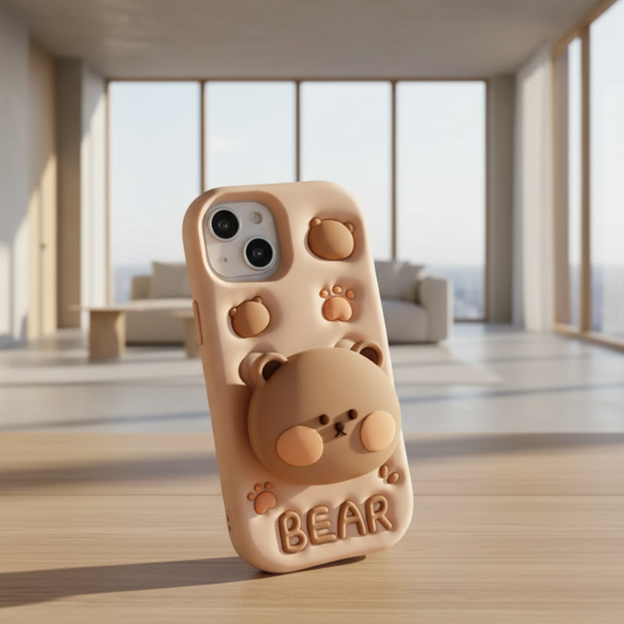 iPhone 15 3D Cartoon Pop-up Bear with Holder | Full Protective Cover