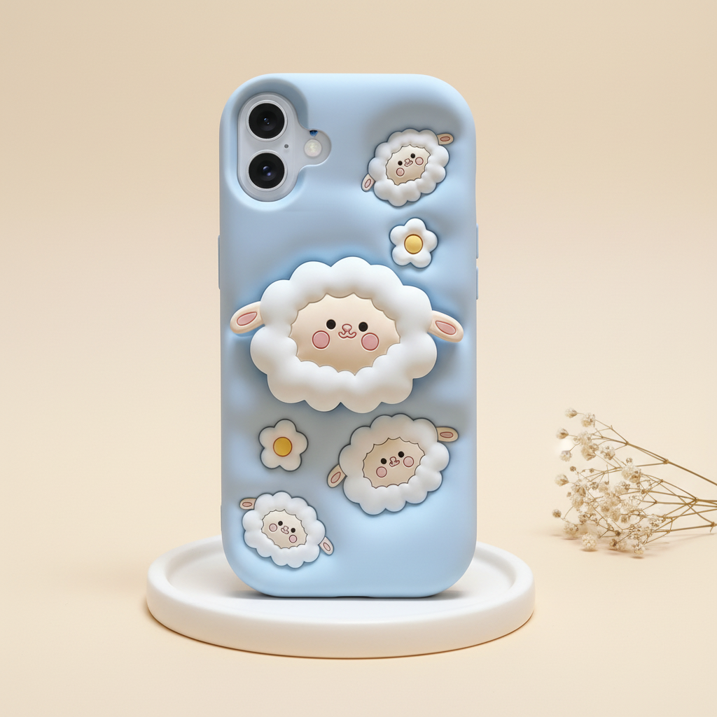Cute Cartoon Flock Back Cover with Stand & Grip – Soft Silicone