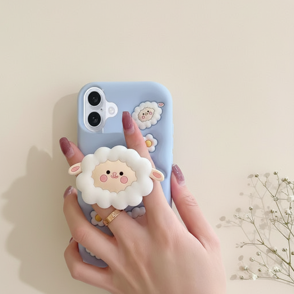 Cute Cartoon Flock Back Cover with Stand & Grip – Soft Silicone
