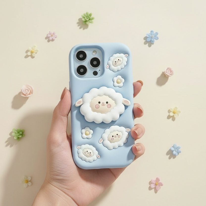 Cute Cartoon Flock Back Cover with Stand & Grip – Soft Silicone